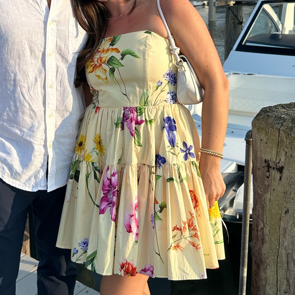 Express Floral Strapless Tiered Poplin Mini Dress